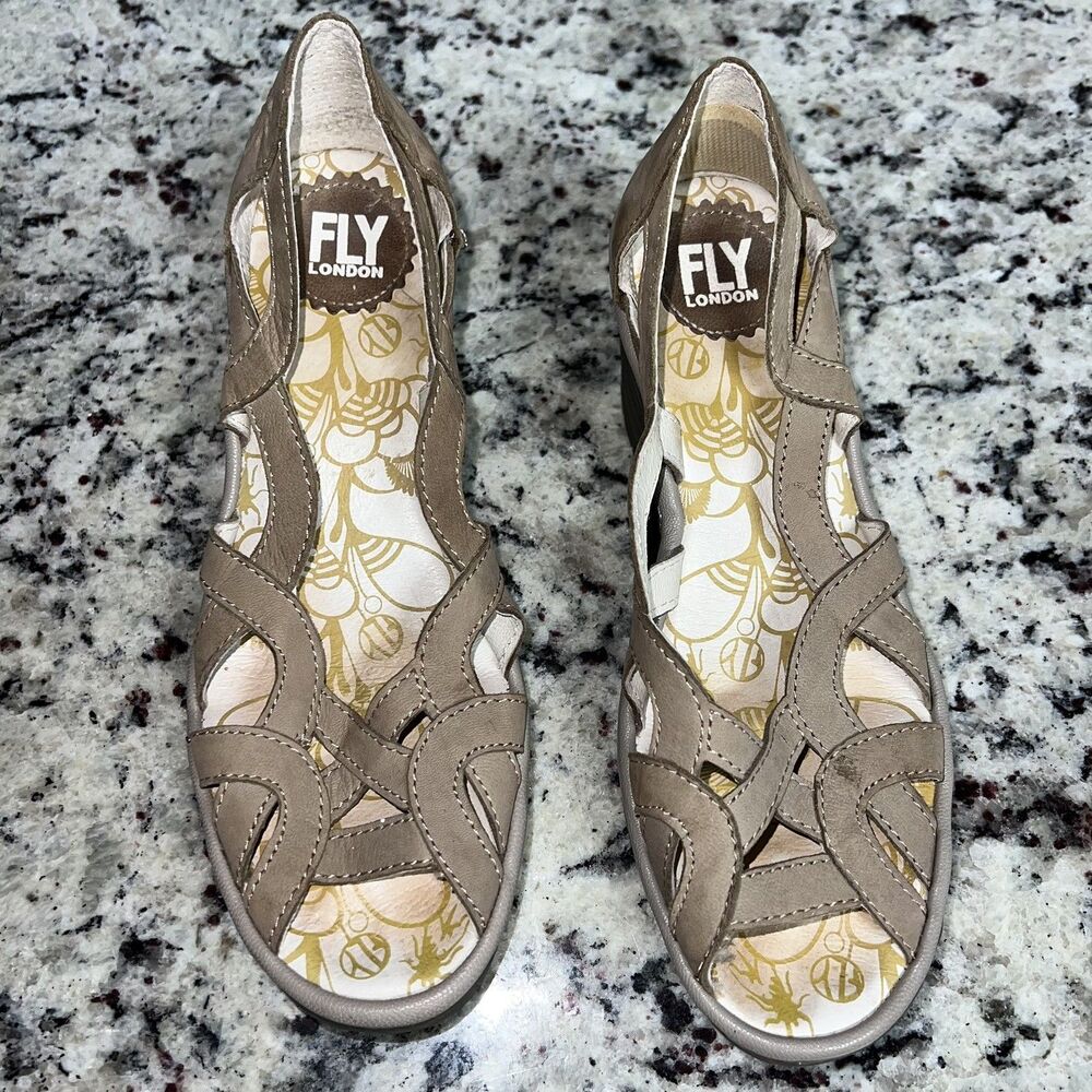 FLY LONDON Yadi Taupe  Leather Slip On Wedge Sandals, Women’s 6.5 US / 37 EU